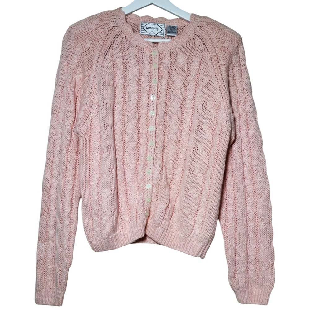 Vintage Light Pink Cable-Knit Button Cardigan Medium